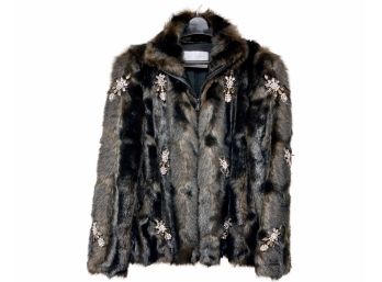 Zara Woman Faux Fur Zippered Jacket With Rhinestone Embellishments Size XS