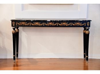 French Louis XVI Black Lacquered Console With Brass Details And Marble Top