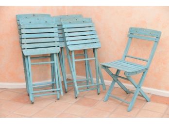 Five Aqua Wood Slat Folding Chairs