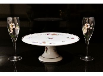 A Pair Of Hand Painted Toasting Flutes And A Raised Platter Richard Ginori