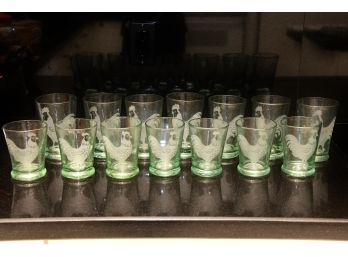 A Set Of Vintage Green Etched Rooster Glasses