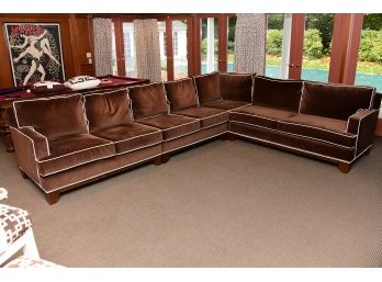 Custom Made 4 Piece Chocolate Suede Sectional With White Piping