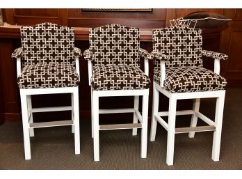 Trio Of Custom Upholstered Fret Upholstered And Painted Wood Bar Stools