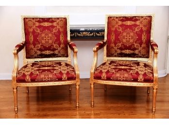 Pair Of Gold Leaf Silk Taffeta Covered Fauteuil Parlor Chairs