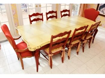 A Farmhouse Table With 8 Rush Seat Chairs By Haversham