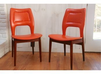 Pair Of MCM Orange Vinyl & Teak Chairs