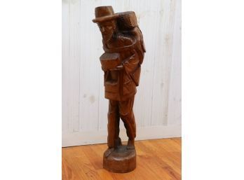 Vintage Large Wood Carved Man With Hat Statue Circa 1950s60s