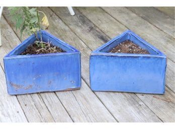 Pair Of Blue Triangular Planters
