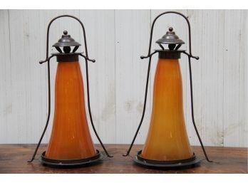 Pair Of Orange Glass Lanterns