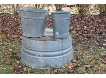 Restoration Hardware Galvanized Flower Bucket Plus Wash Tub & Handled Bucket From 1940s