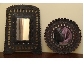 Pair Of Tooled Leather Framed Mirrors