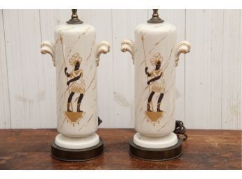 Pair Of MCM White & Gold Warrior Motif Hand Painted Table Lamps