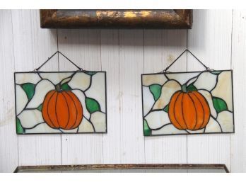 Pair Of Stained Glass Pumpkin Wall Hangings