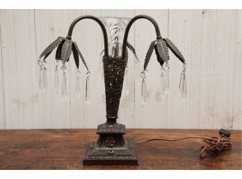 Original Art Deco Three Arm Drop Crystal Lamp With Center Vase