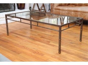 Industrial Style Glass Top Coffee Table With Brass Accents