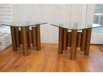 Pair Of MCM Tubular Glass Top End Tables