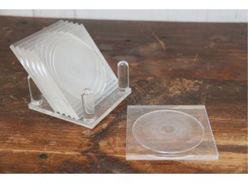 Set Of Six Lucite Acrylic Coasters With Stand