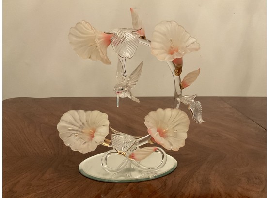 Glass Hummingbirds & Flowers On Glass Base