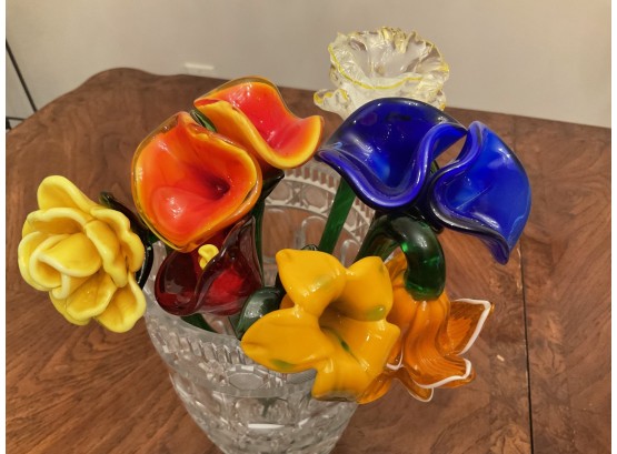Cut Glass Vase With 7 Glass Flowers