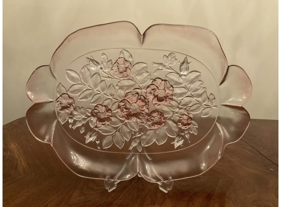 Rose Colored Glass Platter With Roses