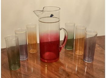 MCM Glass Pitcher & 6 Colored Tall Glasses With Gold Rims