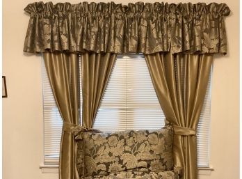 Green Valance With Two Panels, Two Pillow Shams & One Decorative Pillow