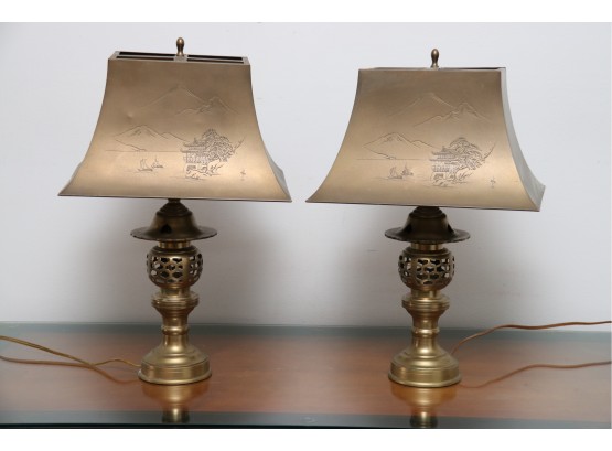 Mid-Century Japanese Etched Brass Lamps