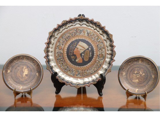 Trio Of Egyptian Etched Brass Display Plates
