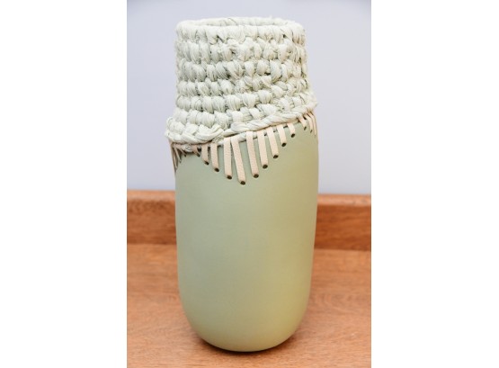 Anthropolgie Green Clay Leather And Cloth Tall Boro Vase