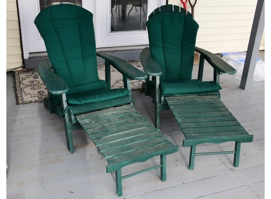 Pair Of Green Adirondack Chairs With Extendable Foot Rest And Pads
