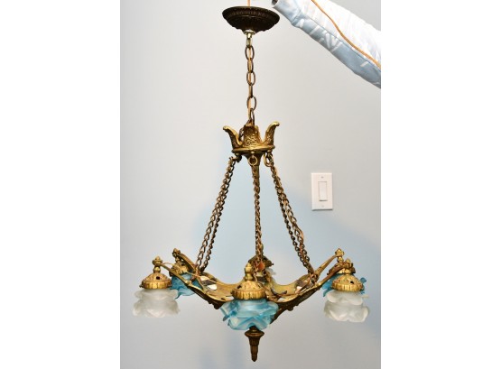 Vintage Brass And Colored Glass 6 Light Chandelier With Wedgwood Style Accents