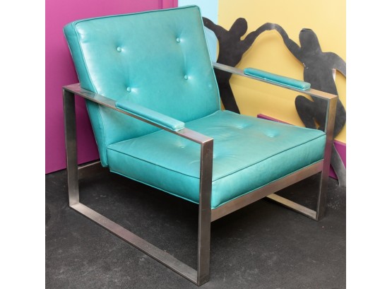 Modern Aqua Blue Tufted Back Metal Frame Chair