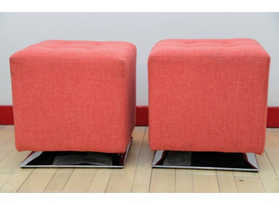 Pair Of Swivel Ottomans With Chrome Bases
