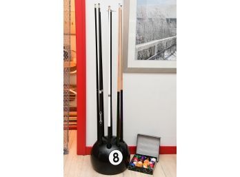8 Ball Pool Cue Stand Including Cues & Balls
