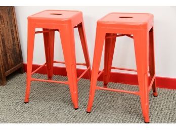 Pair Of Orange Commercial Counter Height Stackable Stools