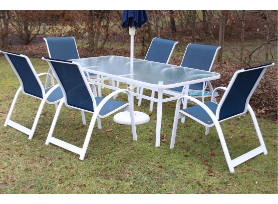 Telescope Casual Outdoor Rectangle Table With Umbrella And Six Chairs