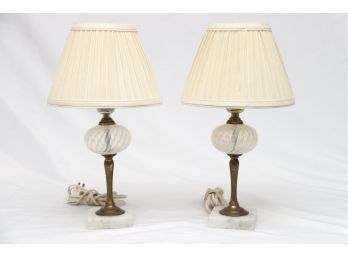 A Pair Of Marble Base Swirl Glass Petite Lamps