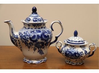 Antique Russian Blue And White Tea Pot And Sugar