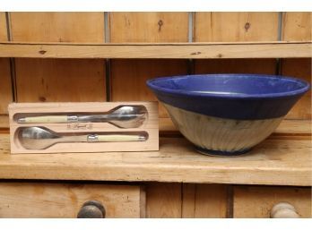 Jean Dubost Laguiole Serving Set With Glazed Pottery Salad Bowl