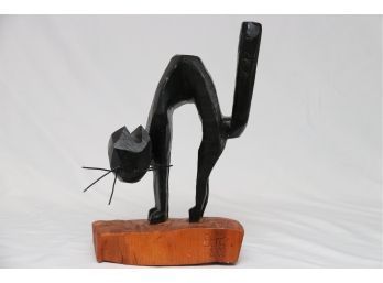 A Wood Carved Cat Sculpture Signed Stock 2009