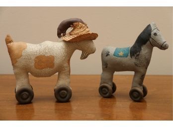 Vintage Leather Goat And Horse On Wheels