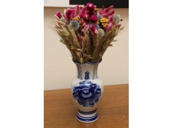 Blue And White Russian Ceramic Vase With Faux Floral Decor