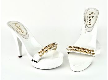 White Stud Strap Heels By Kiara - Size 10