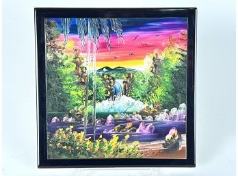 Hand Painted Signed Colorful Waterfall Tile