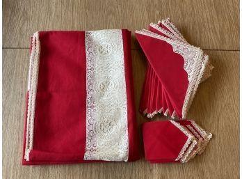 Red With Ivory Lace Tablecloth & Napkins Set Like New