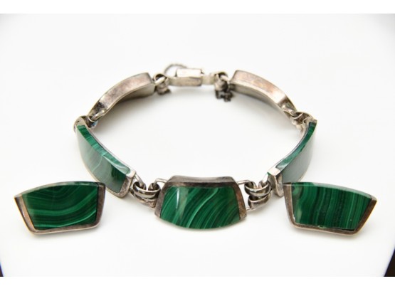 Taxco Malachite And Sterling Silver Bracelet And Earrings