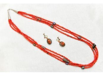 Sterling Silver Red Coral Bead Necklace With Coordinating Earrings
