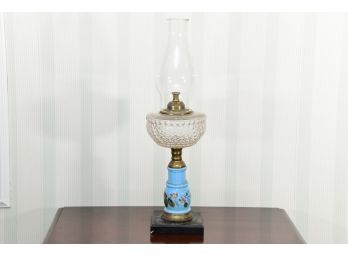 Antique Blue Painted Oil Lamp With Hurricane