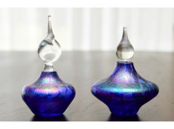 A Pair Of Blue Art Glass Perfume Atomizers