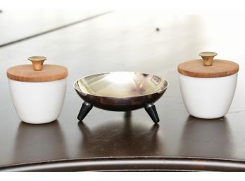 MCM Wood Cover White Bowl And Metal Bowl